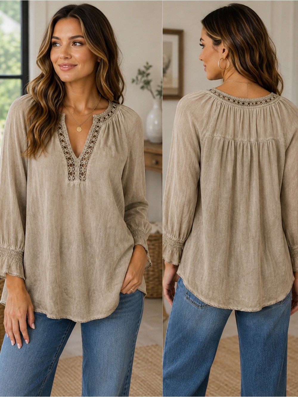 Floral & Ivy Tan Boho Crochet Trim Peasant Blouse Size L